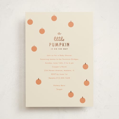 This is a pumpkin foil stamped baby shower invitations with foil pressed by Baumbirdy called a little pumpkin printing on signature in standard