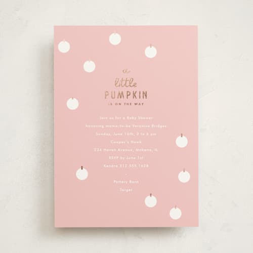 This is a bubblegum foil stamped baby shower invitations with foil pressed by Baumbirdy called a little pumpkin printing on signature in standard