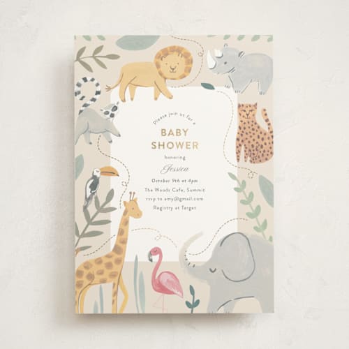 This is a sunshine foil stamped baby shower invitations with foil pressed by Teju Reval called safari dreams printing on signature in standard