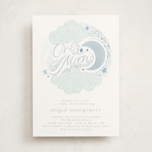 This is a celestial foil stamped baby shower invitations with foil pressed by Joanna Griffin called over the moon printing on signature in standard