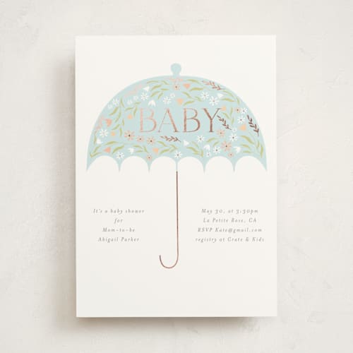 This is a duck egg foil stamped baby shower invitations with foil pressed by Angela Thompson called baby brolly printing on signature in standard