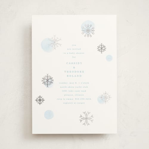 This is a glacier foil stamped baby shower invitations with foil pressed by Baumbirdy called snowflakes printing on signature in standard