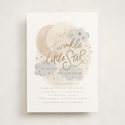This is a latte foil stamped baby shower invitations with foil pressed by Creo Study called moon and stars printing on signature in standard