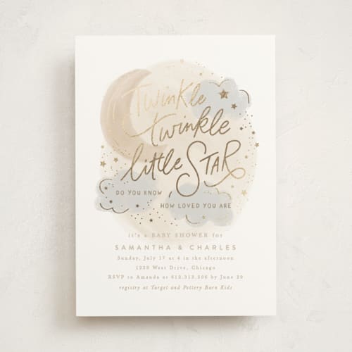 This is a latte foil stamped baby shower invitations with foil pressed by Creo Study called moon and stars printing on signature in standard