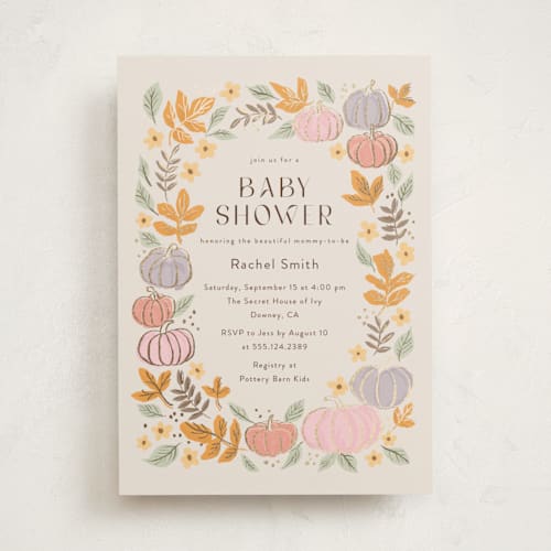 This is a pudding foil stamped baby shower invitations with foil pressed by Cass Loh called pastel pumpkins printing on signature in standard