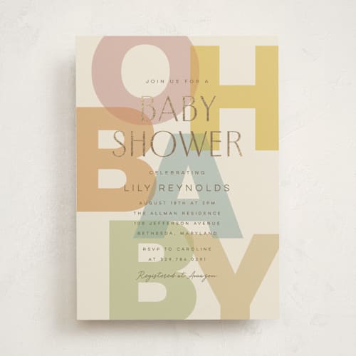 This is a pastel foil stamped baby shower invitations with foil pressed by Ellen Schlegelmilch called layers printing on signature in standard