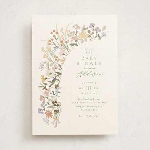 This is a vanilla foil stamped baby shower invitations with foil pressed by Jennifer Wick called meadow flowers printing on signature in standard