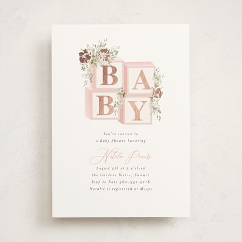 This is a blush foil stamped baby shower invitations with foil pressed by Itsy Belle Studio called botanical blocks printing on signature in standard