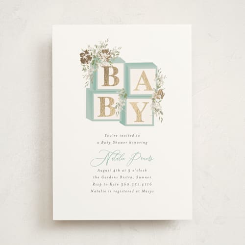This is a juniper foil stamped baby shower invitations with foil pressed by Itsy Belle Studio called botanical blocks printing on signature in standard