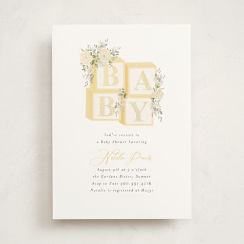 This is a buttercup foil stamped baby shower invitations with foil pressed by Itsy Belle Studio called botanical blocks printing on signature in standard