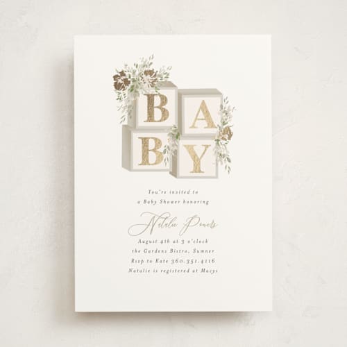 This is a greige foil stamped baby shower invitations with foil pressed by Itsy Belle Studio called botanical blocks printing on signature in standard