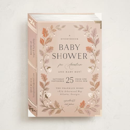 This is a auburn foil stamped baby shower invitations with foil pressed by Paper Raven Co. called fabled storybook printing on signature in standard
