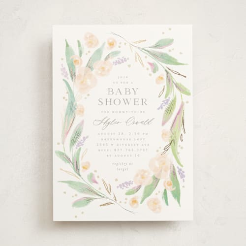 This is a spring foil stamped baby shower invitations with foil pressed by Anastasia Makarova called vernal printing on signature in standard