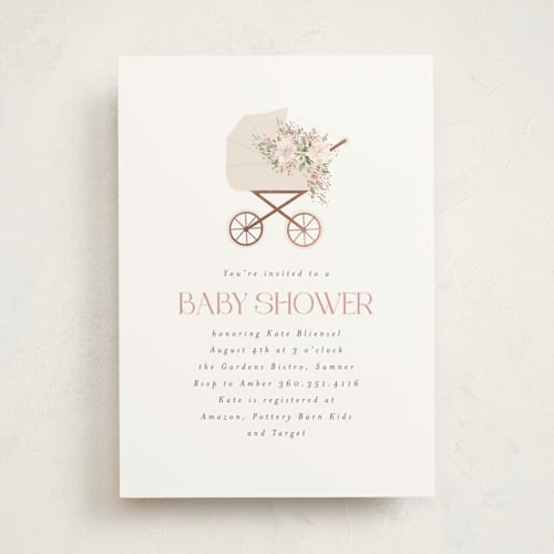 This is a dusty rose foil stamped baby shower invitations with foil pressed by Itsy Belle Studio called baby carriage printing on signature in standard