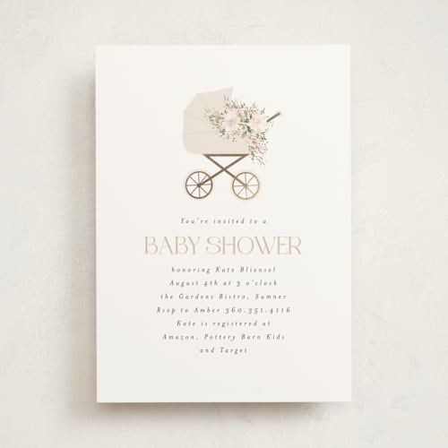 This is a coffee creamer foil stamped baby shower invitations with foil pressed by Itsy Belle Studio called baby carriage printing on signature in standard
