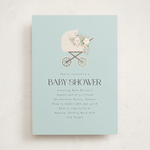 This is a sky blue foil stamped baby shower invitations with foil pressed by Itsy Belle Studio called baby carriage printing on signature in standard