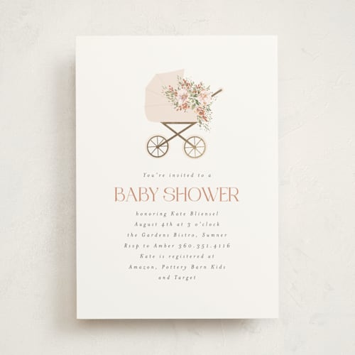 This is a terracotta foil stamped baby shower invitations with foil pressed by Itsy Belle Studio called baby carriage printing on signature in standard