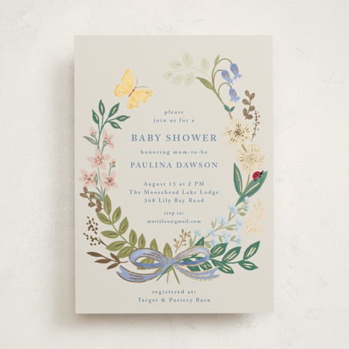 This is a sky foil stamped baby shower invitations with foil pressed by Petra Kern called baby flora printing on signature in standard