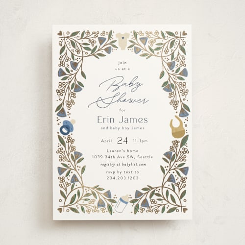 This is a sky foil stamped baby shower invitations with foil pressed by Alethea and Ruth called baby vines printing on signature in standard