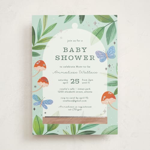 This is a mint foil stamped baby shower invitations with foil pressed by Paper Raven Co. called little terrarium printing on signature in standard