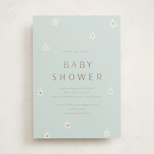 This is a baby blue foil stamped baby shower invitations with foil pressed by Ani Somi called daisies printing on signature in standard