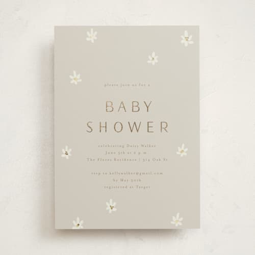 This is a tea foil stamped baby shower invitations with foil pressed by Ani Somi called daisies printing on signature in standard