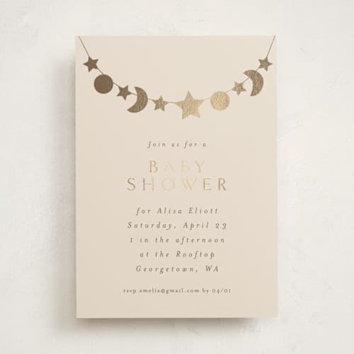 This is a ecru foil stamped baby shower invitations with foil pressed by Angela Thompson called night sky garland printing on signature in standard