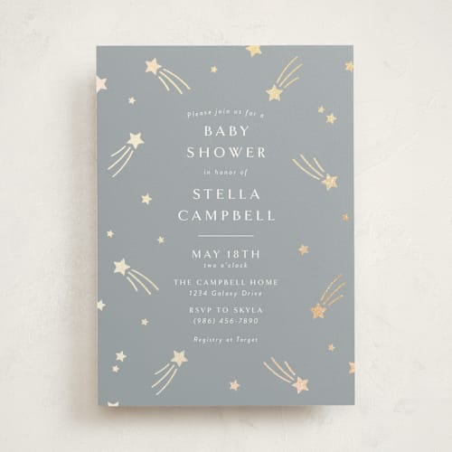 This is a slate foil stamped baby shower invitations with foil pressed by Meggy Masters called little star printing on signature in standard
