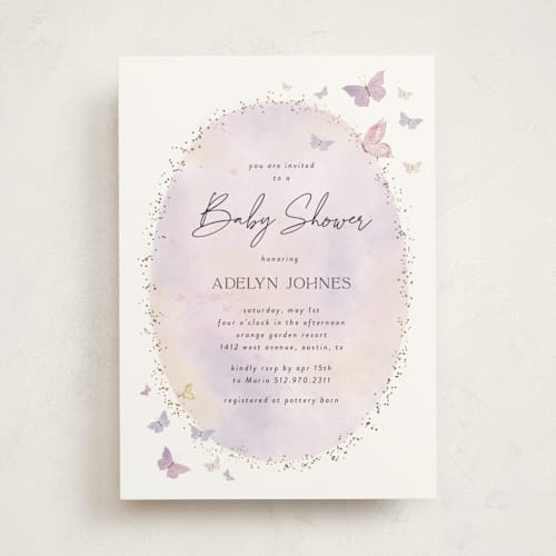 This is a blush foil stamped baby shower invitations with foil pressed by Jelena Vuletic called fabled printing on signature in standard