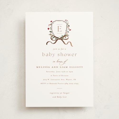 This is a brick foil stamped baby shower invitations with foil pressed by Everett Paper Goods called floral crested printing on signature in standard