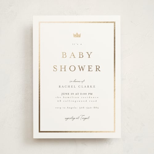 This is a cloud foil stamped baby shower invitations with foil pressed by Nicole Walsh called little crown printing on signature in standard