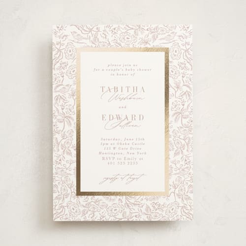 This is a peony foil stamped baby shower invitations with foil pressed by Tamara Hilje called lavender fields printing on signature in standard