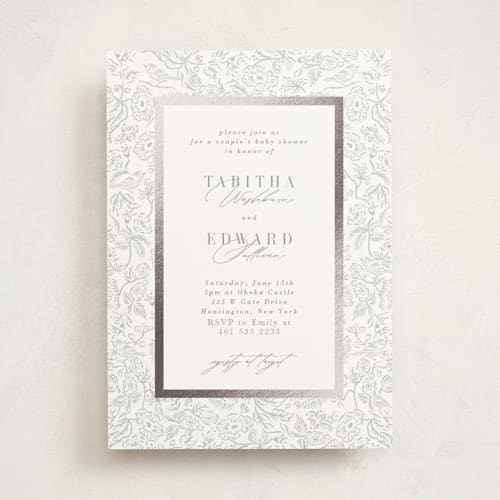 This is a dove foil stamped baby shower invitations with foil pressed by Tamara Hilje called lavender fields printing on signature in standard