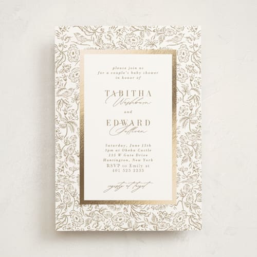 This is a champagne foil stamped baby shower invitations with foil pressed by Tamara Hilje called lavender fields printing on signature in standard