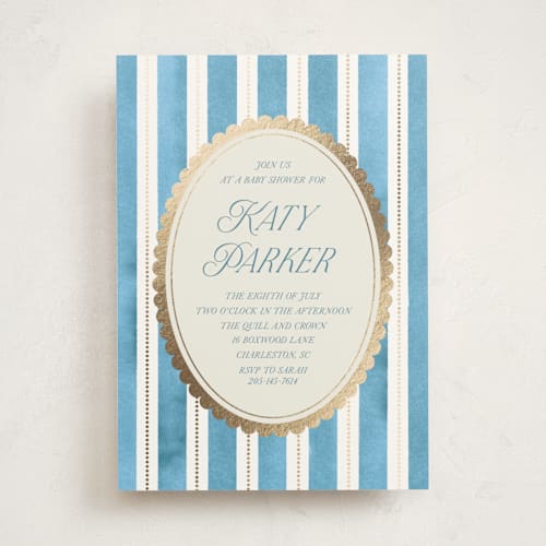 This is a sky foil stamped baby shower invitations with foil pressed by Jackie Crawford called knightsbridge printing on signature in standard