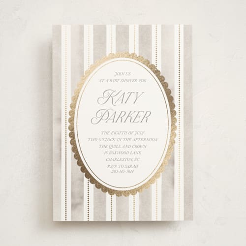 This is a cashmere foil stamped baby shower invitations with foil pressed by Jackie Crawford called knightsbridge printing on signature in standard