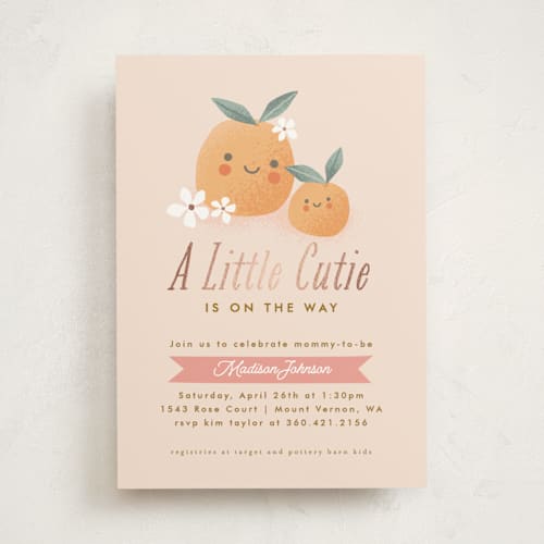 This is a peach foil stamped baby shower invitations with foil pressed by Karidy Walker called little cutie oranges printing on signature in standard