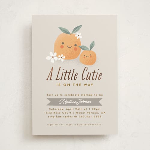 This is a stone foil stamped baby shower invitations with foil pressed by Karidy Walker called little cutie oranges printing on signature in standard