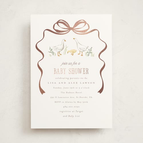 This is a blush foil stamped baby shower invitations with foil pressed by Everett Paper Goods called storybook geese printing on signature in standard