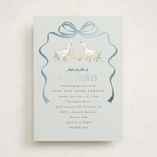 This is a pond foil stamped baby shower invitations with foil pressed by Everett Paper Goods called storybook geese printing on signature in standard