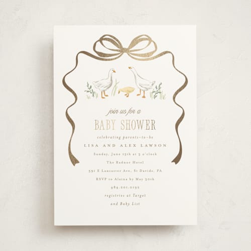 This is a dandelion foil stamped baby shower invitations with foil pressed by Everett Paper Goods called storybook geese printing on signature in standard