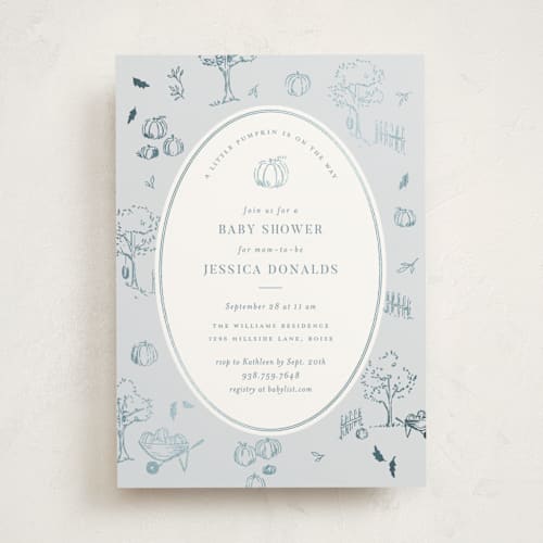This is a sky foil stamped baby shower invitations with foil pressed by Rebecca Durflinger called autumn toile printing on signature in standard