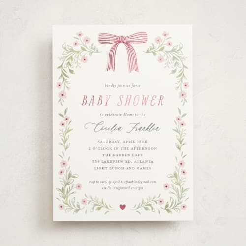 This is a blush foil stamped baby shower invitations with foil pressed by Paper Raven Co. called dainty garden printing on signature in standard