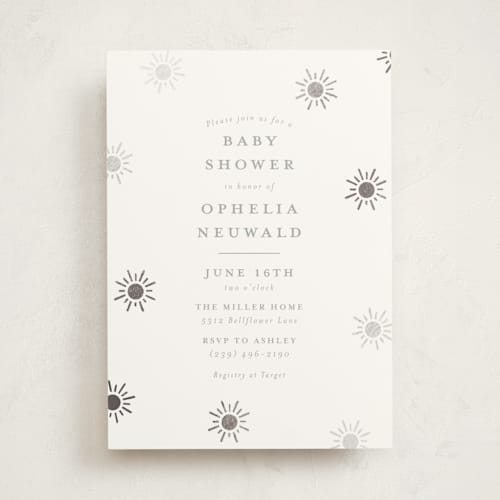 This is a snow foil stamped baby shower invitations with foil pressed by Meggy Masters called sun toss printing on signature in standard