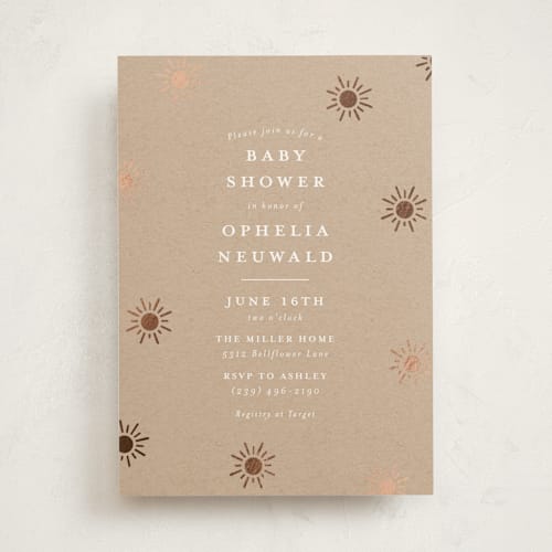 This is a kraft foil stamped baby shower invitations with foil pressed by Meggy Masters called sun toss printing on signature in standard