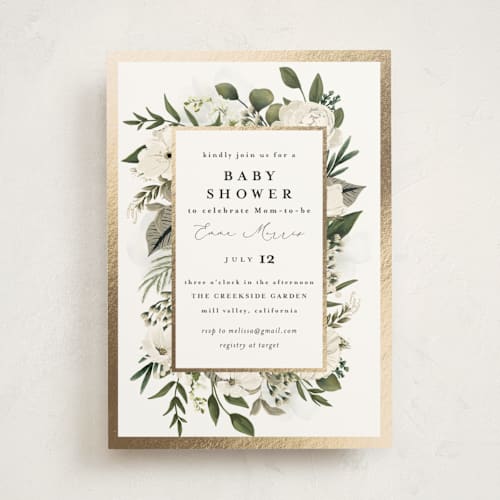 This is a vanilla foil stamped baby shower invitations with foil pressed by Susan Moyal called classic love printing on signature in standard