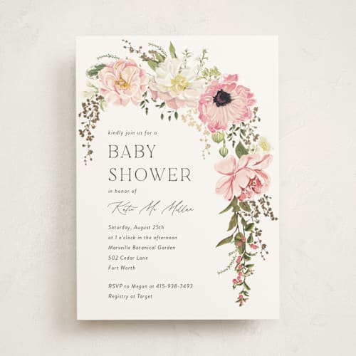 This is a peony foil stamped baby shower invitations with foil pressed by Susan Moyal called timeless blooms printing on signature in standard