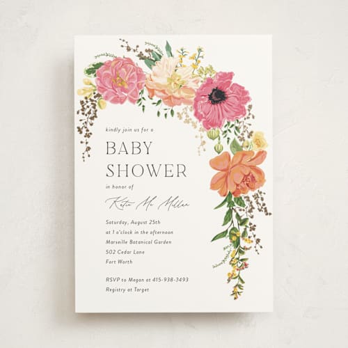 This is a tropical foil stamped baby shower invitations with foil pressed by Susan Moyal called timeless blooms printing on signature in standard
