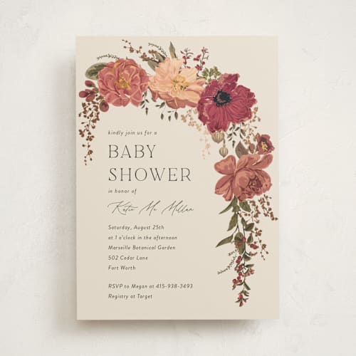 This is a harvest foil stamped baby shower invitations with foil pressed by Susan Moyal called timeless blooms printing on signature in standard