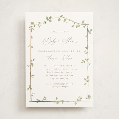 This is a ivy foil stamped baby shower invitations with foil pressed by Everett Paper Goods called canopy printing on signature in standard